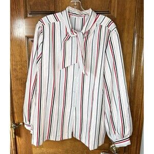 Vintage 80s Alfred Dunner White/Red/Black Stripe Silky Blouse With Bow Womens XL